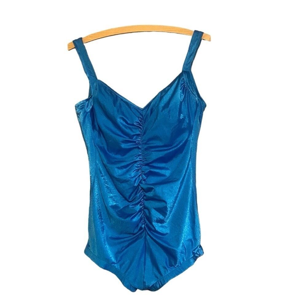 VTG Robby Len Aqua Blue Ruched One Piece Swimsuit V-Neck Retro 60s 70s, Size 18